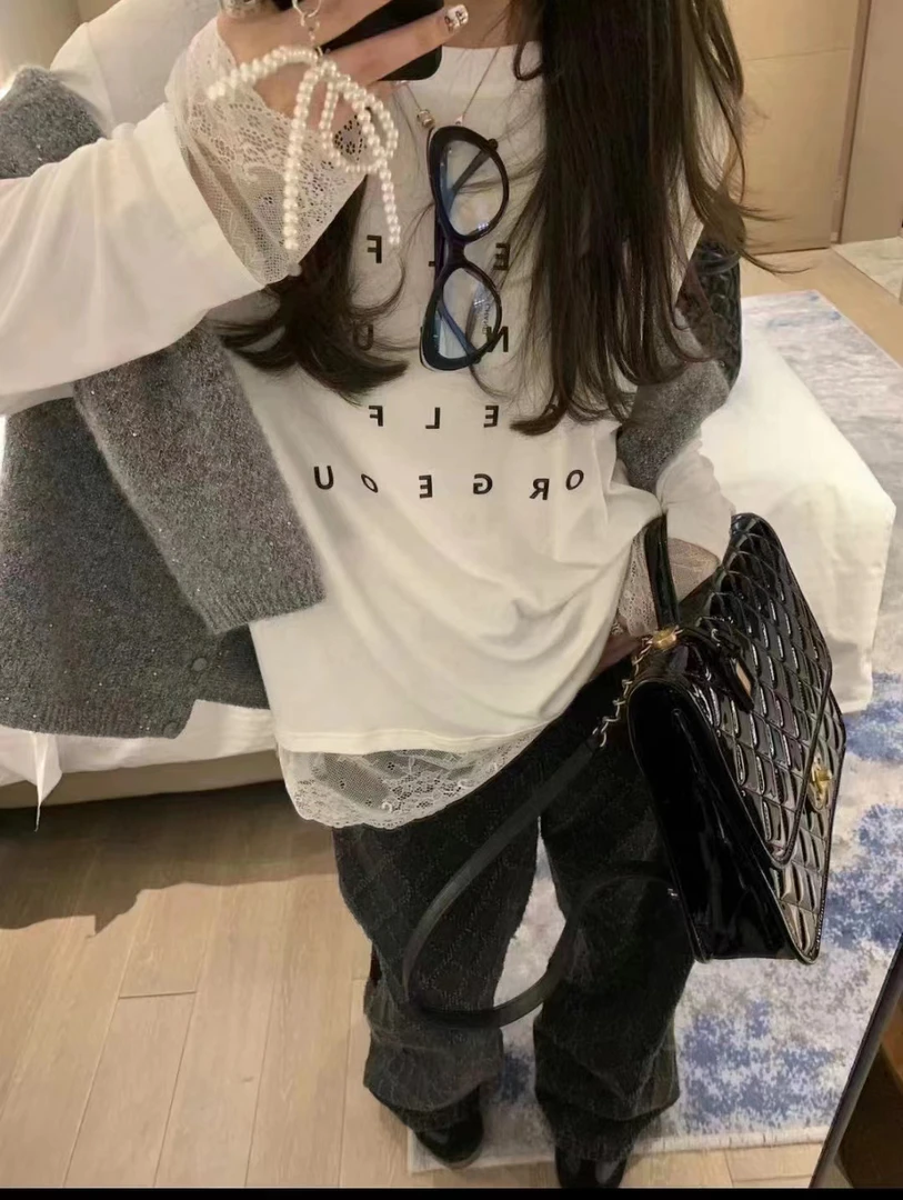 欧货显瘦字母下摆蕾丝长袖T百搭