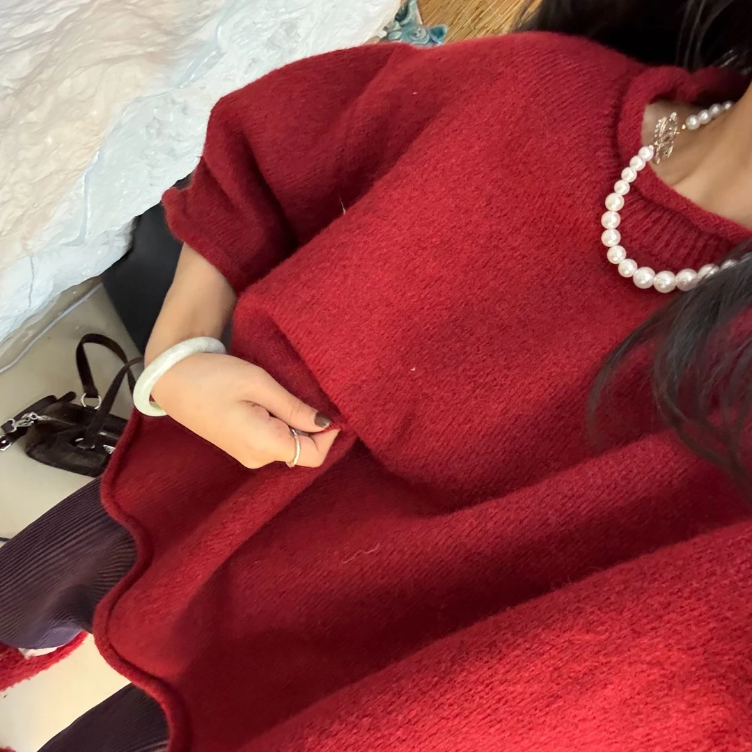 李豆儿 领口下摆自然卷翘设计 定制圣诞红色 慵懒风  短袖毛衣