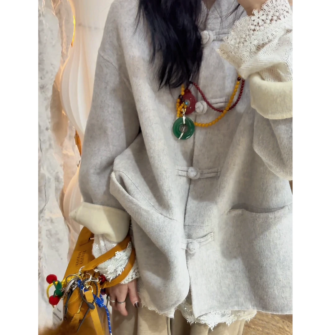 李豆儿 设计中式复古立领盘扣双面澳洲羊毛呢外套