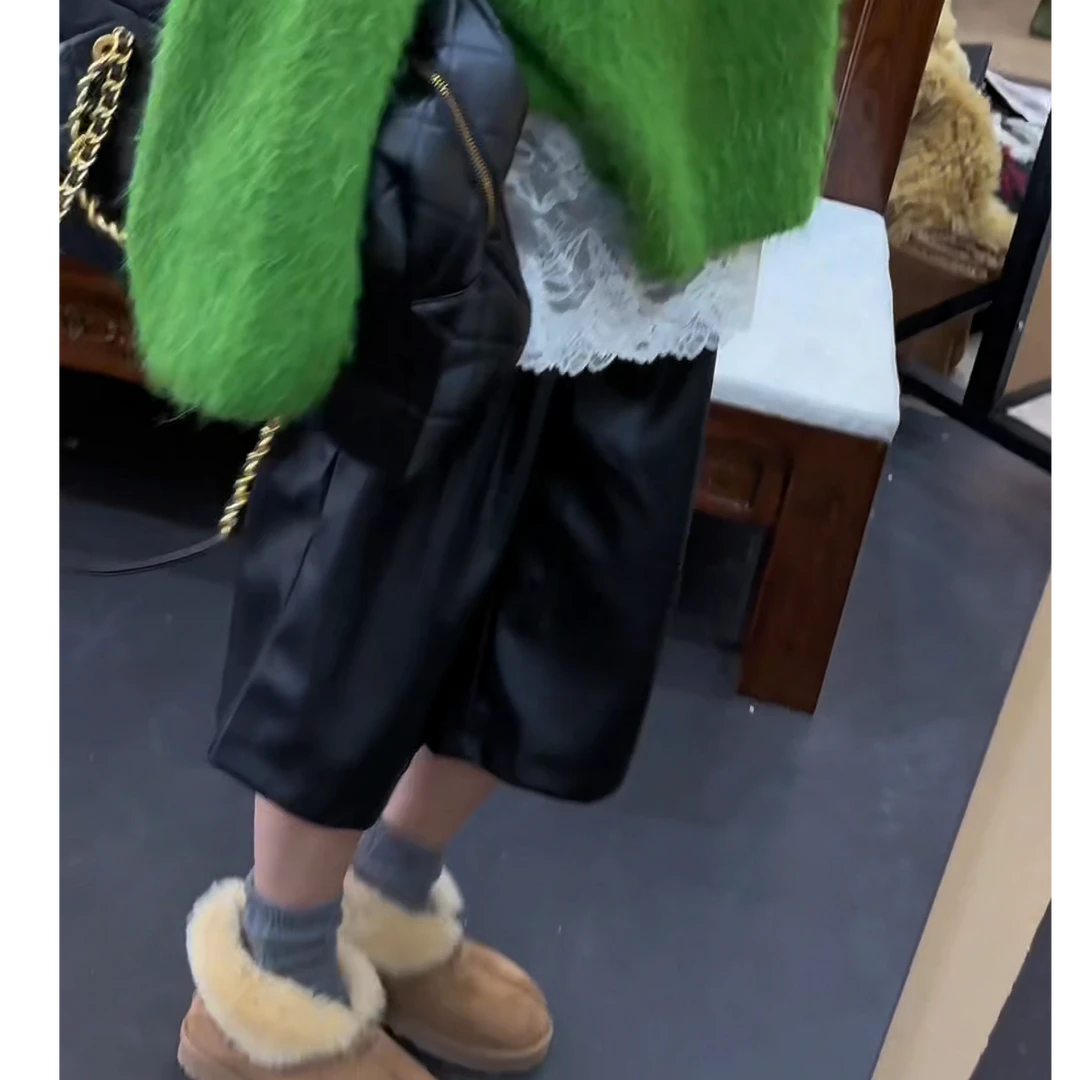 李豆儿 小众设计 阔腿百搭 8分中裤重工皮裤