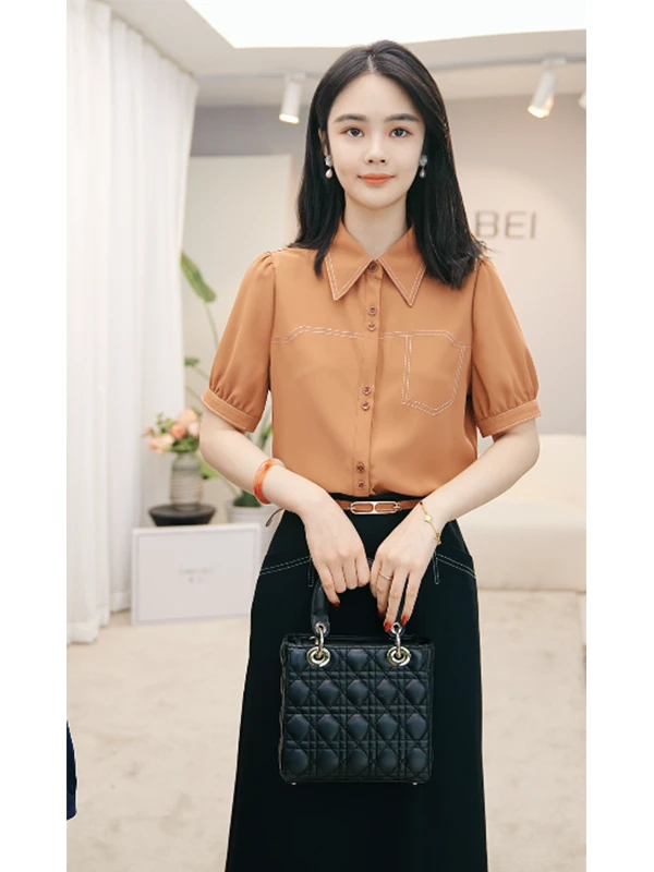 曼贝8492312砖红色夏季新款衬衫通勤风设计感小众简约版型高级感