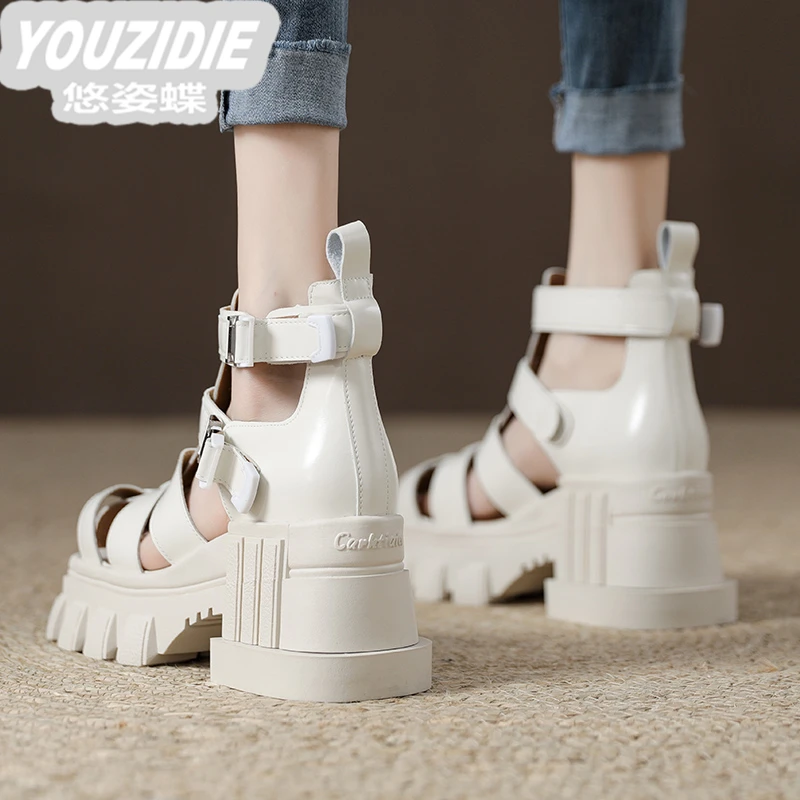 YOUZIDIE真皮罗马编织凉鞋女2025时尚新款厚底增高玛丽珍猪笼鞋