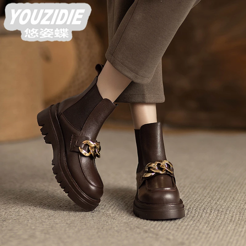 YOUZIDIE真皮切尔西短靴女2025年新款百搭季软底单靴中跟英伦风