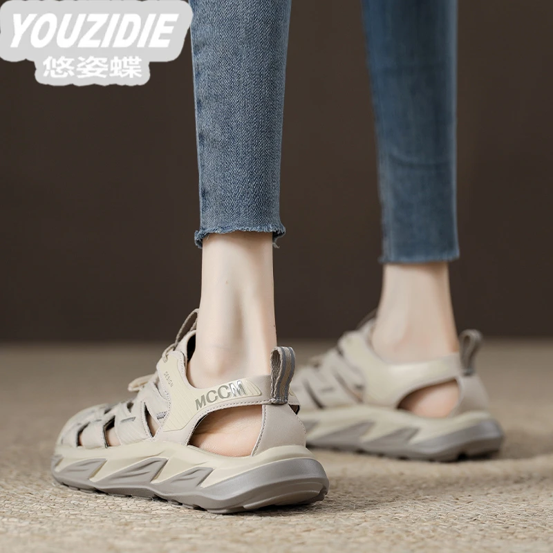 .2025新款真皮包头运动凉鞋女夏季新款厚底休闲运动老爹鞋软底