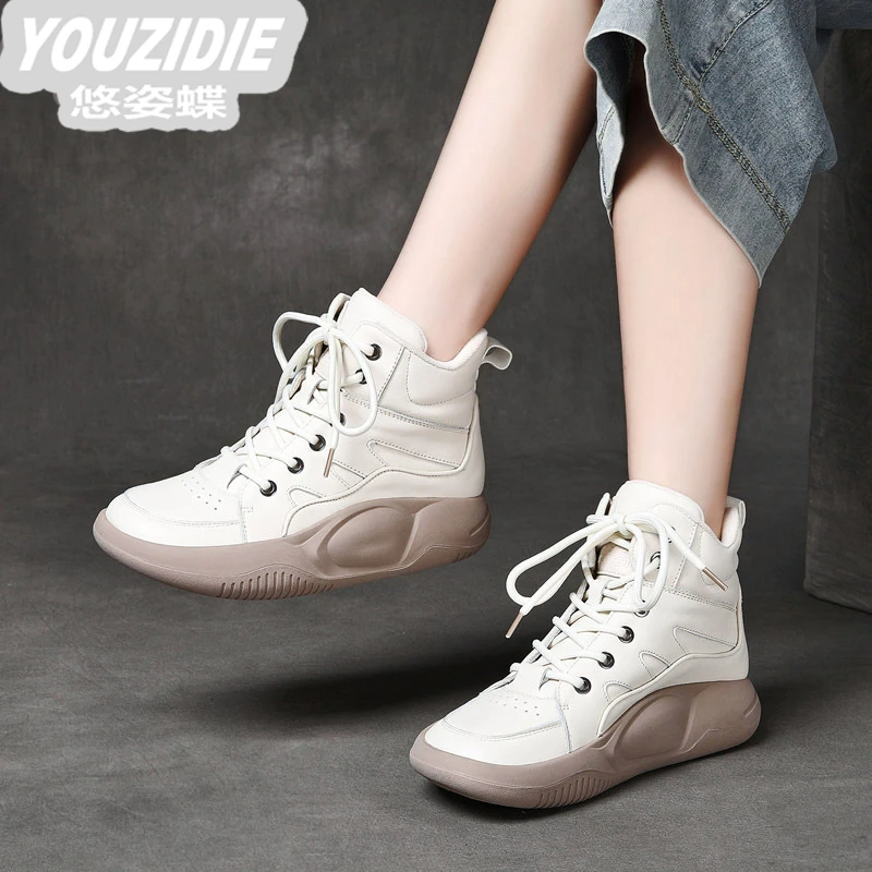 YOUZIDIE轻奢小众头层软底高帮女鞋百搭复古厚底运动面包鞋