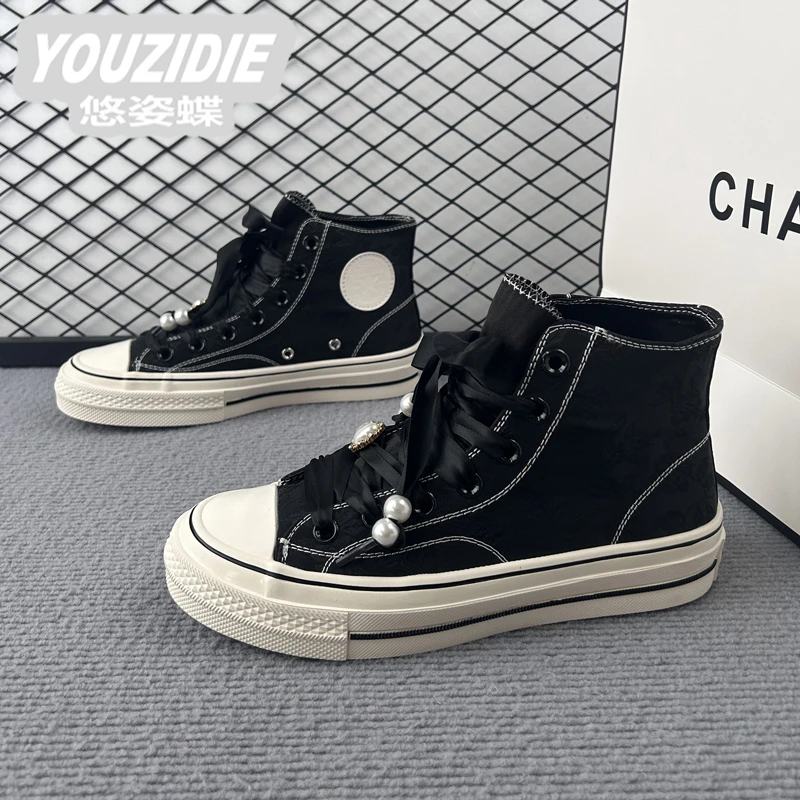 YOUZIDIE高帮帆布鞋女2025厚底新款松糕厚度小白鞋小众设计百搭