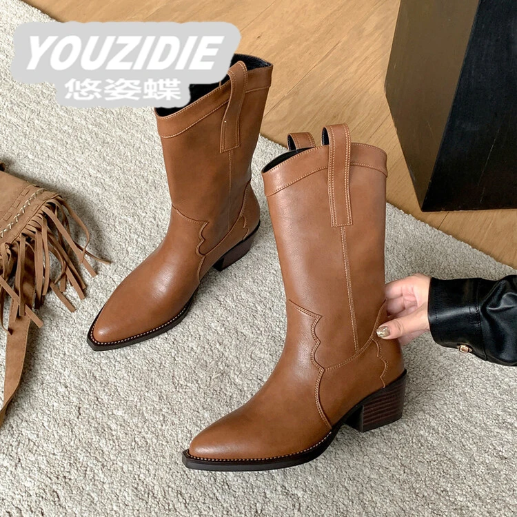 YOUZIDIE高端时尚棕色西部靴套脚宽筒靴高跟粗跟真皮手工牛仔靴