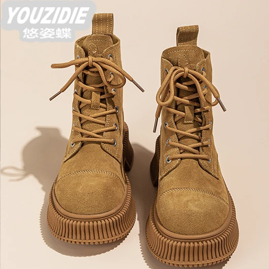 YOUZIDIE真皮马丁靴女夏2025新款时尚英伦风短靴厚底增高大黄靴