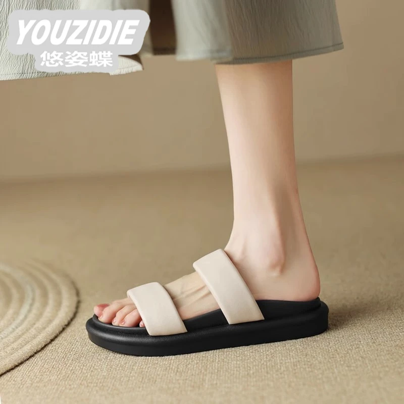 YOUZIDIE真皮厚底凉拖鞋女夏季外穿时尚百搭平底增高防滑羊皮轻便