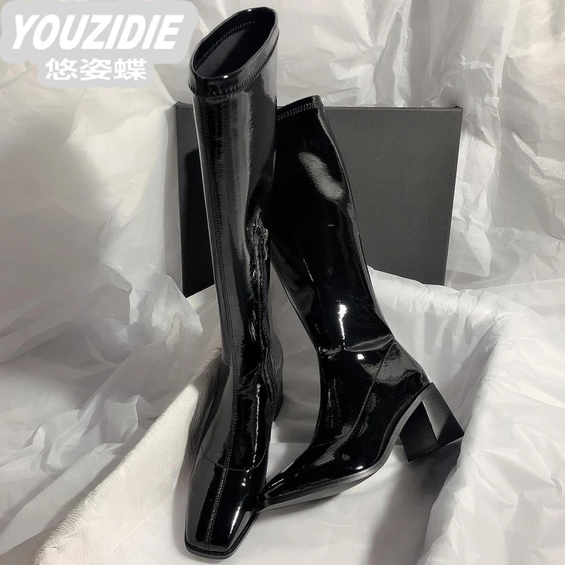 悠姿蝶百搭高跟长靴时尚尖头不过膝显瘦黑色新款骑士长筒靴女