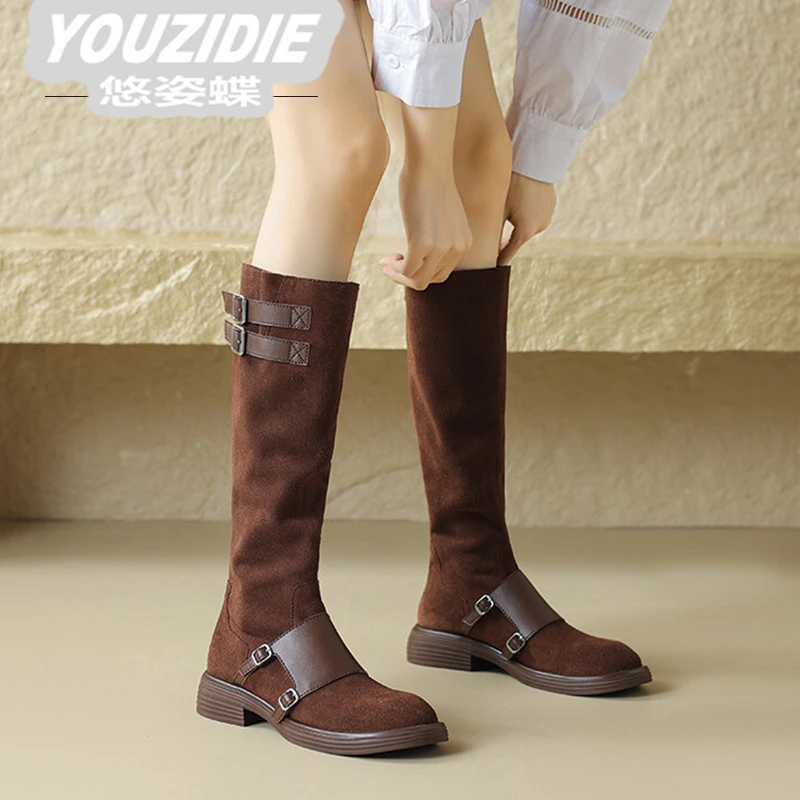 YOUZIDIE皮带扣拼接西部靴2025新款不长靴时尚靴女百搭真皮中筒靴