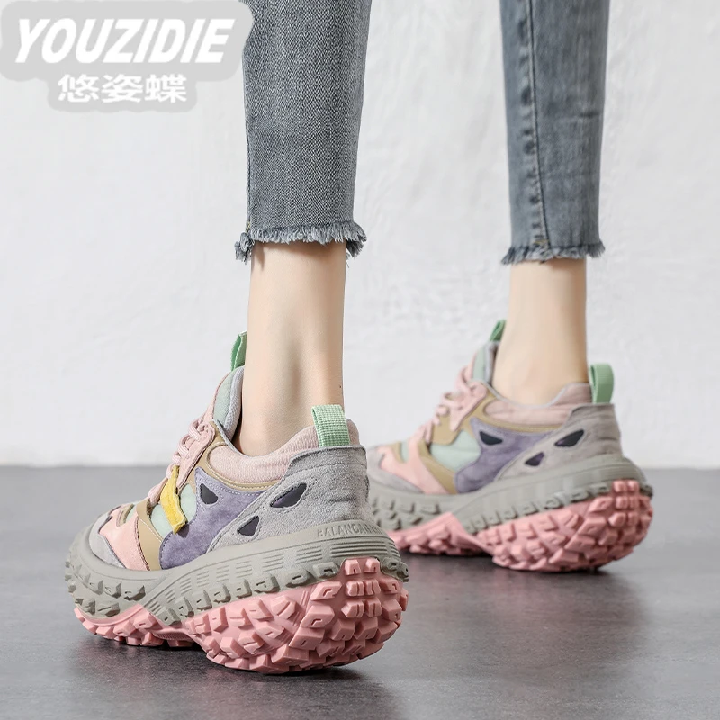 YOUZIDIE松糕厚底真皮菠萝榴莲底老爹鞋女薄款透气2025百搭新款
