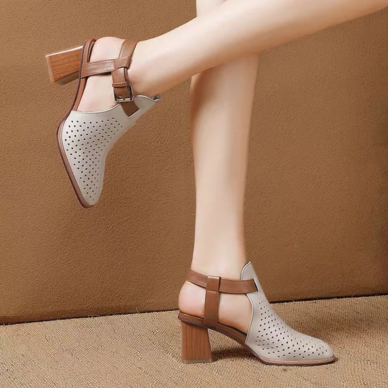 YOUZIDIE欧洲站包头凉鞋女2025夏季新款镂空真皮高跟鞋粗跟罗马后