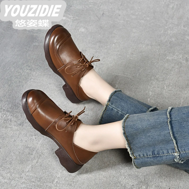YOUZIDIE圆头系带乐福鞋女2025秋新款头层牛皮平底鞋学院风小皮鞋