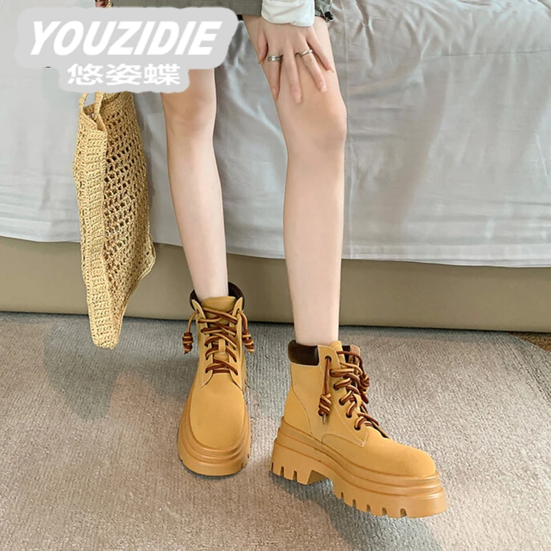 YOUZIDIE增高厚底大黄靴马丁靴女2025新款爆款短靴工装百搭机车靴