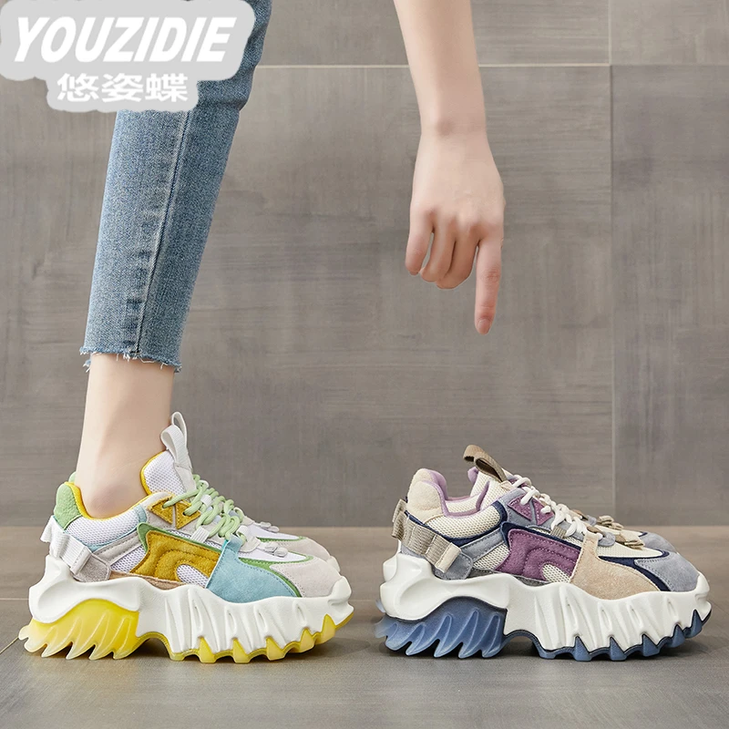 YOUZIDIE欧洲站真皮厚底老爹鞋女2025夏季新款ins潮百搭显脚小