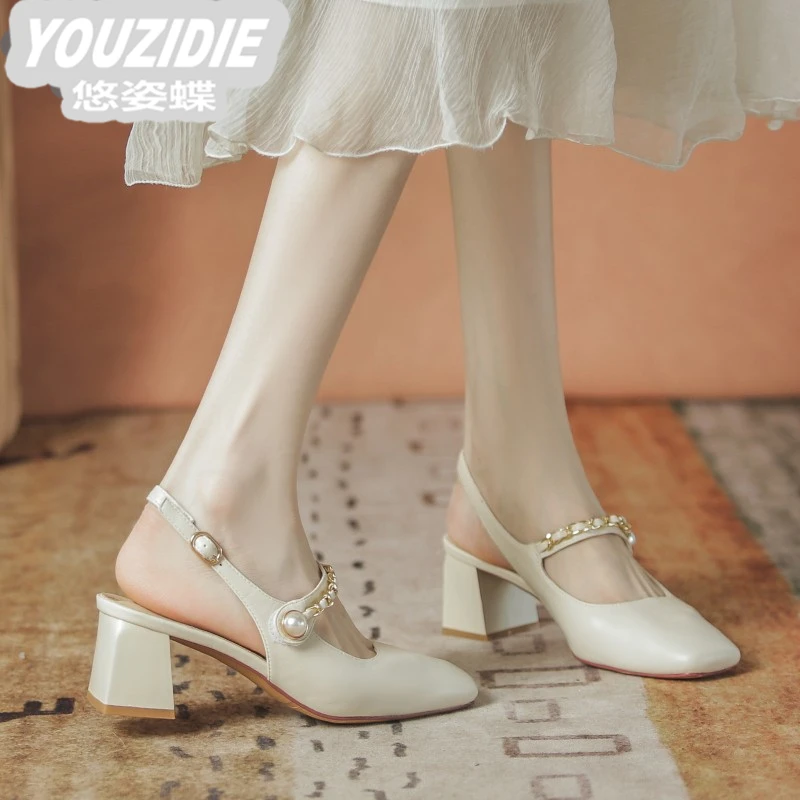YOUZIDIE百搭凉鞋女白色2025年新款玛丽珍单鞋粗跟配裙子后空高跟