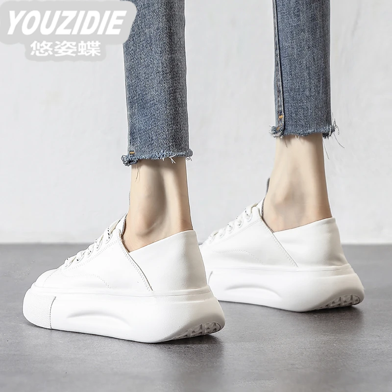 YOUZIDIE小白鞋女夏季2025春厚底新款女鞋真皮软底轻便两穿休闲