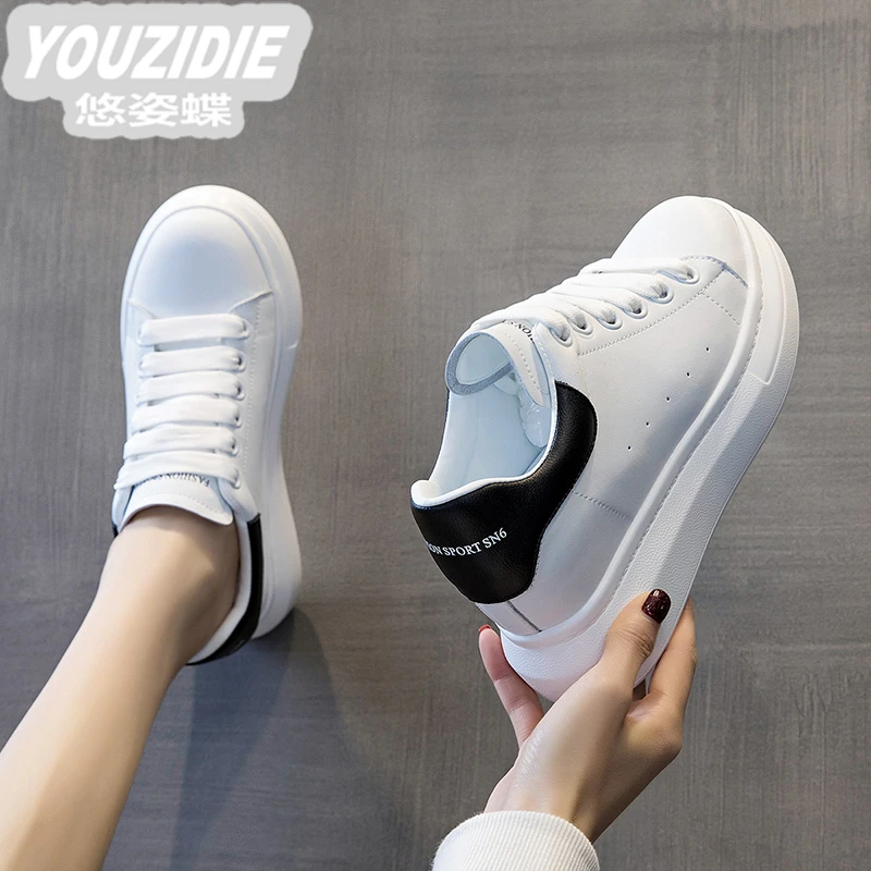 YOUZIDIE真皮小白鞋女韩版潮2025时尚新款百搭厚底内增高板鞋显脚