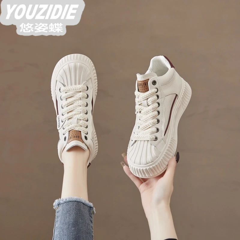 YOUZIDIE厚底帮鞋女2025白鞋新款韩版松糕底休闲板鞋时尚百搭小白