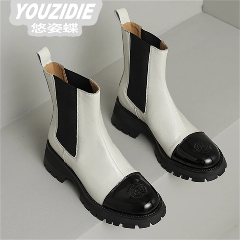 YOUZIDIE山茶花马丁靴女白色黑色小香风拼色2025新款春切尔西短靴