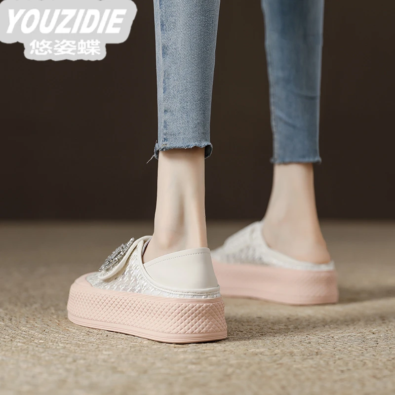 YOUZIDIE厚底两穿魔术贴板鞋女百搭春夏透气蕾丝单鞋2025新款休闲
