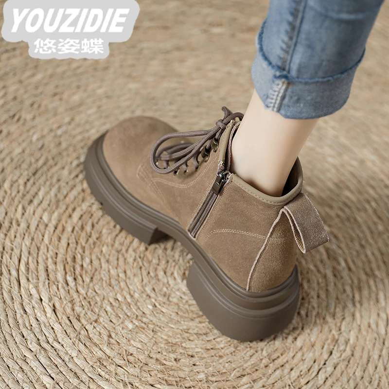 YOUZIDIE松糕厚底百搭磨砂真皮马丁靴女2025年秋季新款女士英伦风