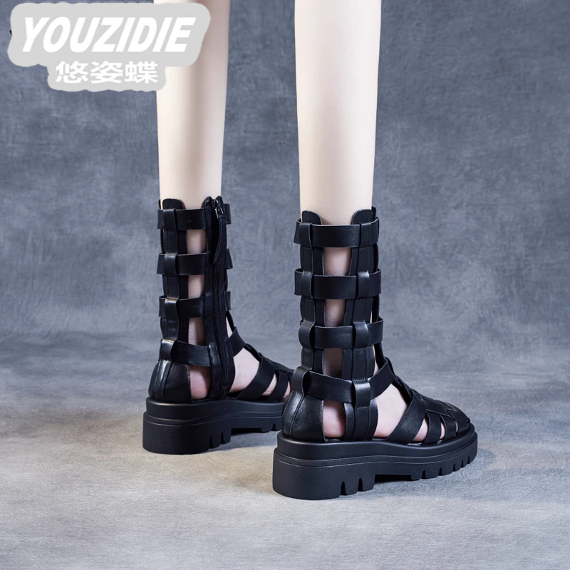 YOUZIDIE厚底时尚罗马凉鞋女高筒外穿百搭新款高帮凉靴包脚猪笼鞋