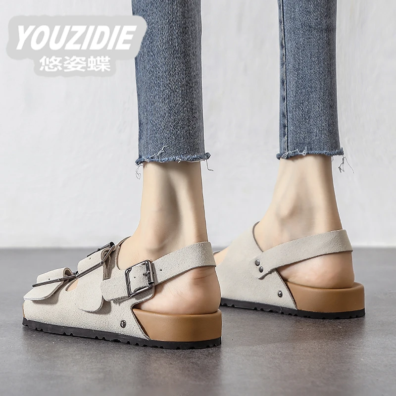 YOUZIDIE一字扣复古百搭_真皮凉鞋女夏女鞋网红爆款露趾罗马沙滩