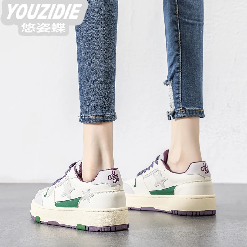 YOUZIDIE小众设计感真皮星星板鞋女2025春秋新款厚底小白鞋百搭