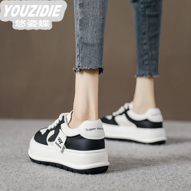 YOUZIDIE欧货百搭熊猫板鞋女真皮透气小白鞋2025时尚新款圆头运动