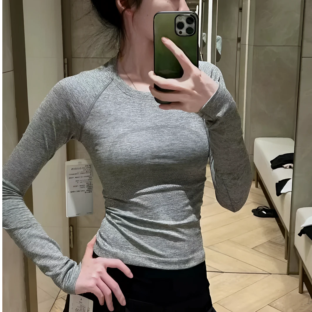 2.0无缝一体织速干长袖修身T恤外穿百搭显瘦瑜伽服女圆领纯色打底