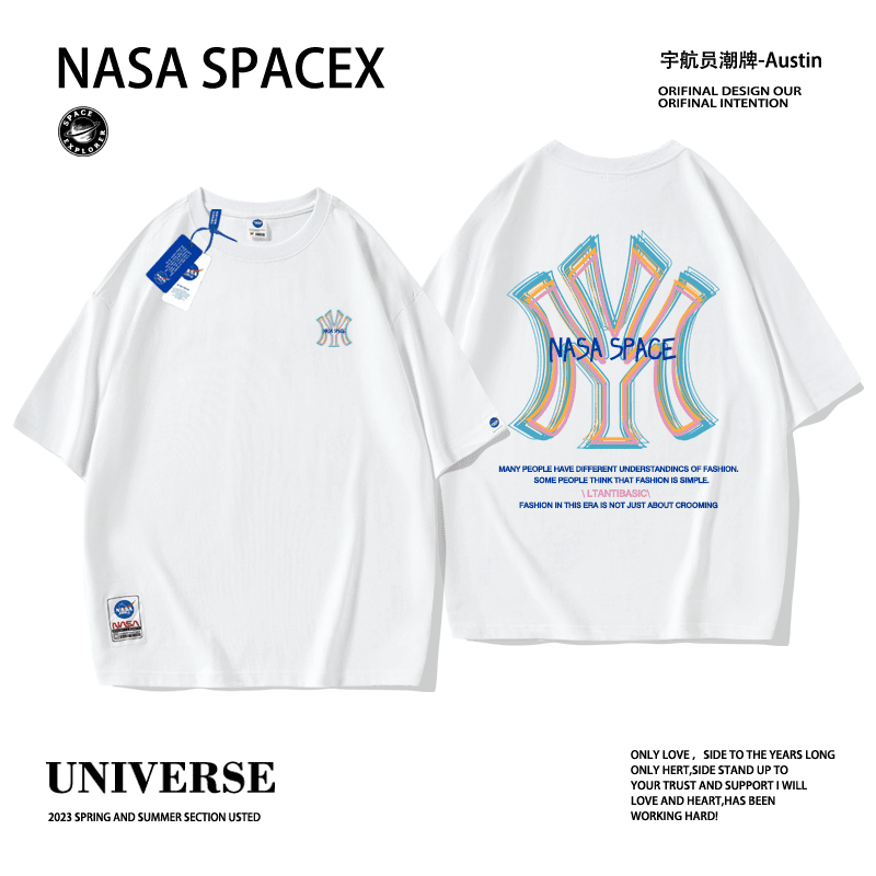 NASA新款简约高端圆领短袖男士夏季纯棉透气百搭宽松重磅T恤上衣