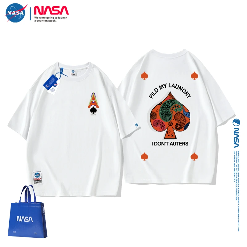 NASA轻奢风高端圆领短袖夏季纯棉百搭宽松T恤男士透气运动服上衣