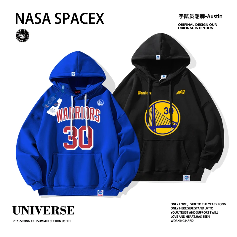 NASA官方旗舰店联名款勇士队30号库里连帽卫衣春季休闲运动上衣男