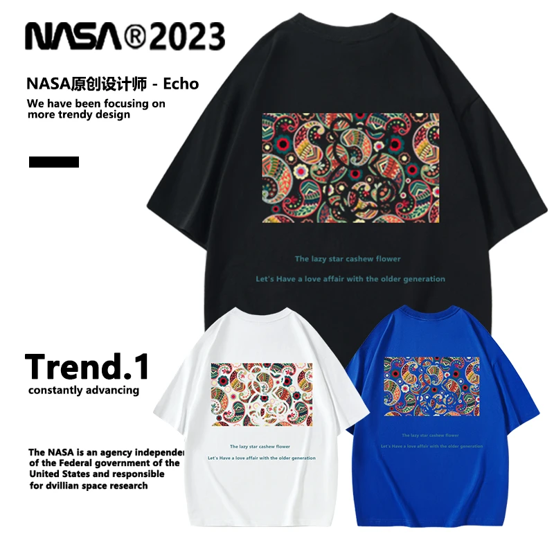 NASA高端轻奢小熊腰果花重磅纯棉短袖半袖爆款夏男士高档T恤潮牌