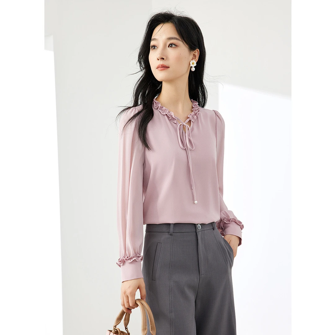 【 达人专属 】SN523雪纺拼接木耳边衬衫