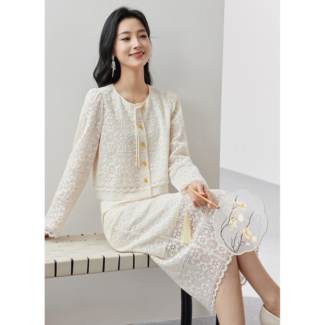 【 达人专属 】DP531时尚软纱刺绣蕾丝衫半身裙套装