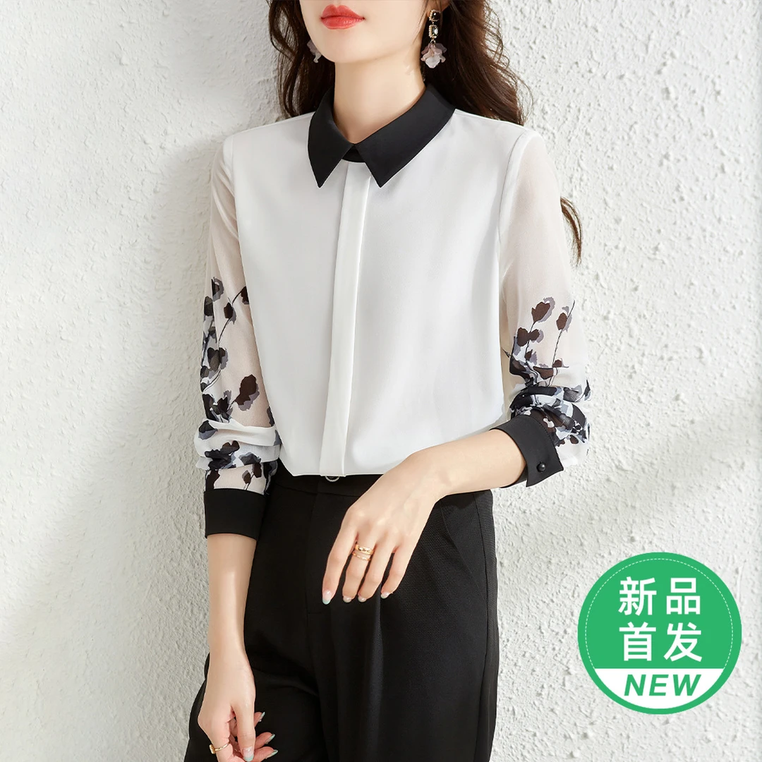 【达人专属】SF763水墨画印花百搭翻领雪纺长袖直筒衬衫