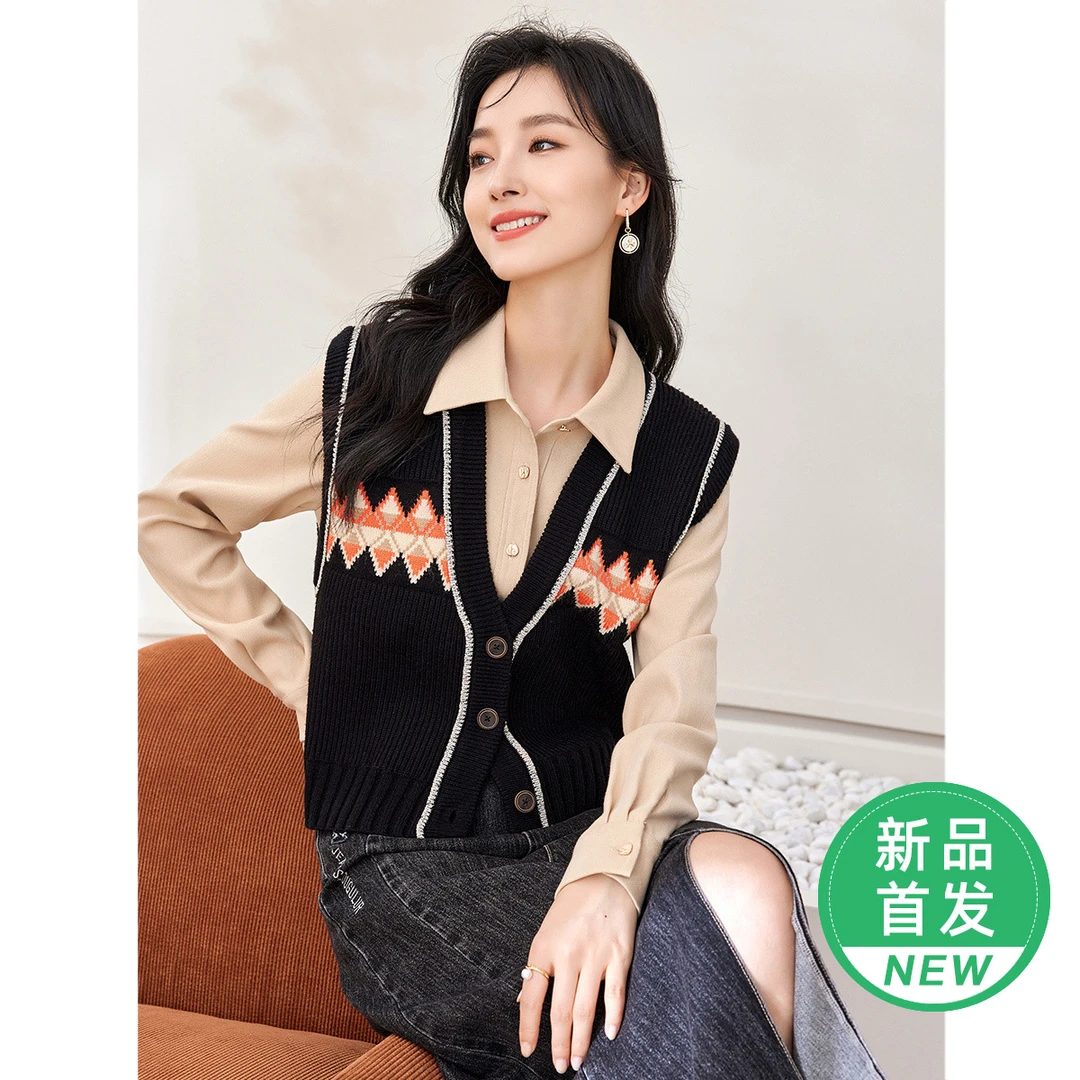 欧昵雪【粉丝专享】SK996复古V领菱形毛衣马甲