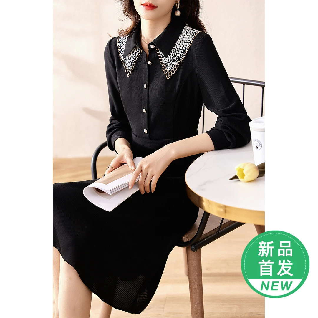 【达人专属】DJ196翻领连衣裙蕾丝花边点缀高腰A字裙纯色女