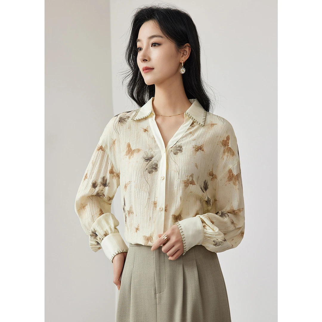【 达人专属 】SP559时尚恬静蝴蝶花卉印花衬衫