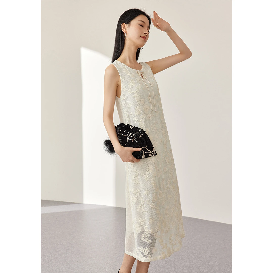 【 达人专属 】DP678优雅简约透视绣花网格无袖连衣裙