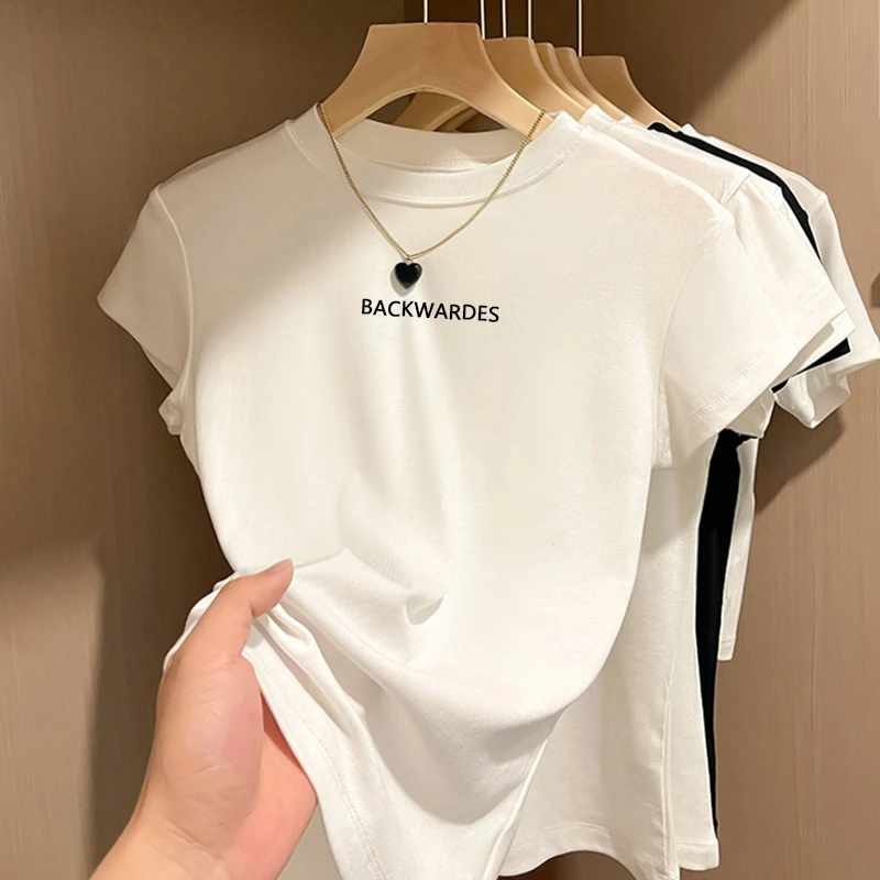 短袖T恤女夏季新款洋气白色印花潮流个性百搭半袖修身圆领上衣ins