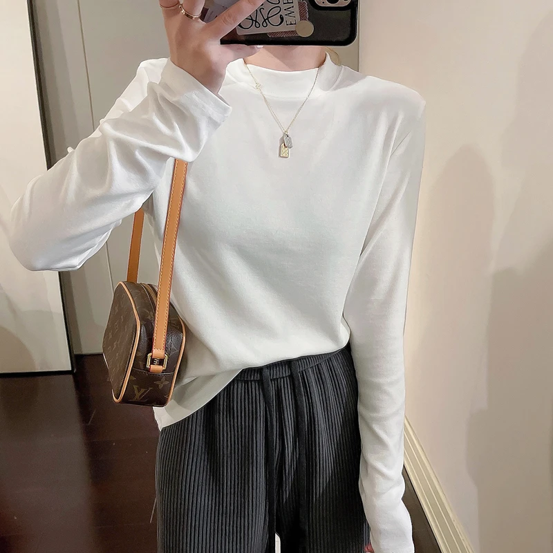 早秋显瘦气质纯色半高领打底衫秋冬长袖T恤加绒加厚内搭立领上衣