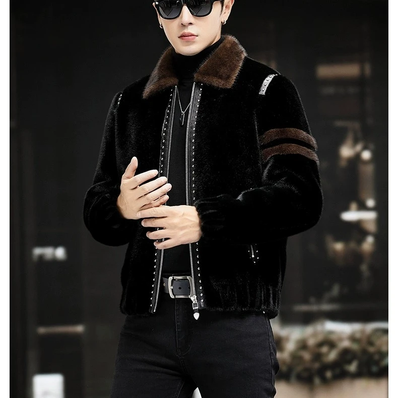 海宁男士毛夹克时尚冬季男装保暖帽子外套欧货潮牌