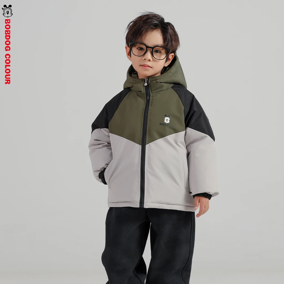巴布豆男童棉服外套棉衣2024新款秋冬款儿童中大童撞色拼接男孩潮