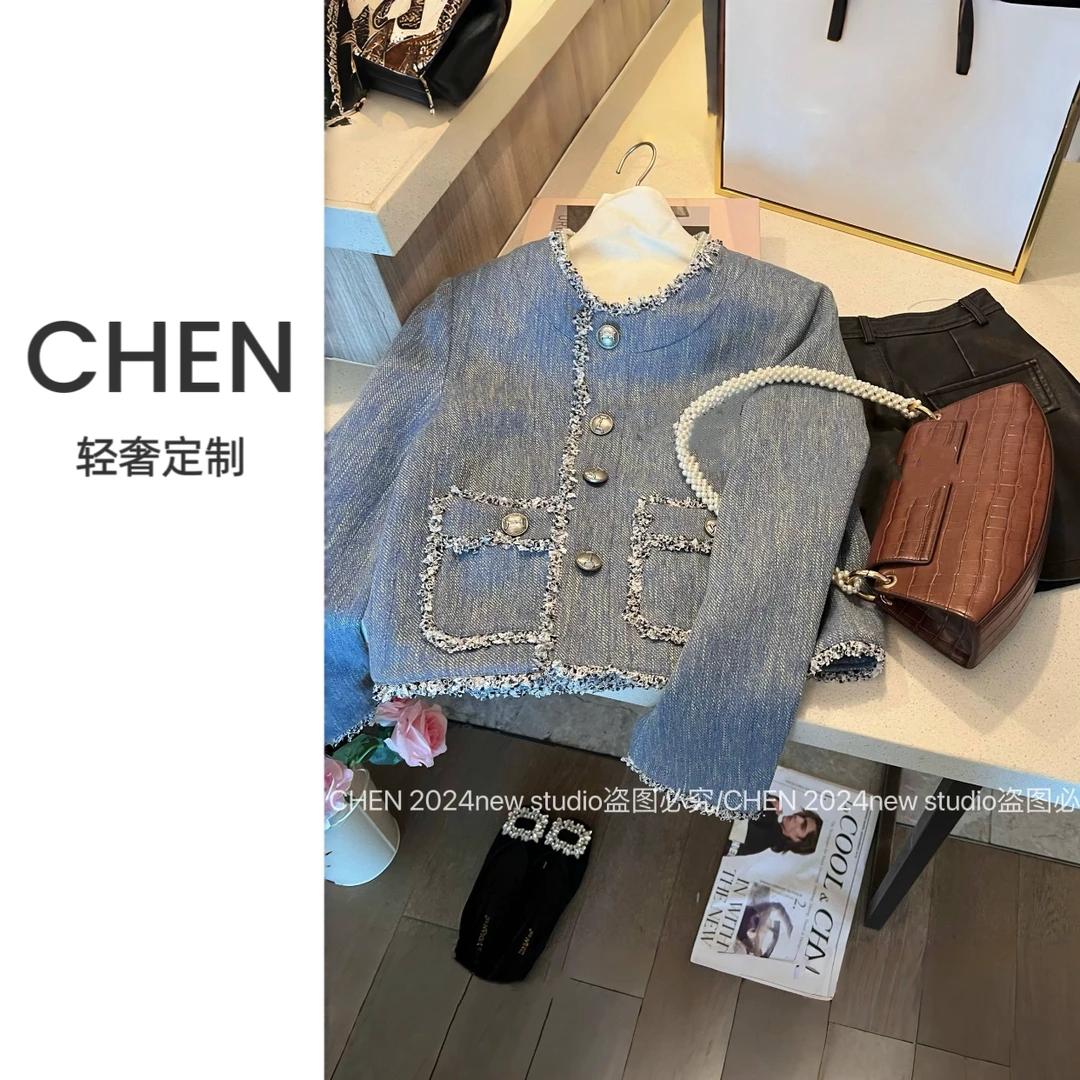 【大涛家初春宠粉】复古花边小香风外套雾霾蓝圆领短款上衣6028