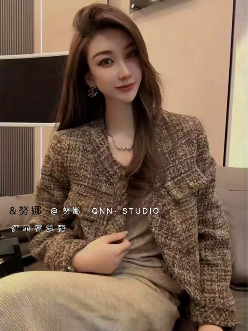 法式高级感美拉德摩卡棕小香风外套女秋冬复古气质短款上衣