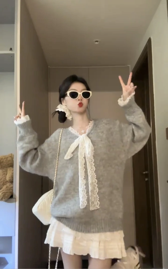 七分糖蕾丝系带拼接中长款针织衫女秋冬灰色宽松毛衣短裙套装